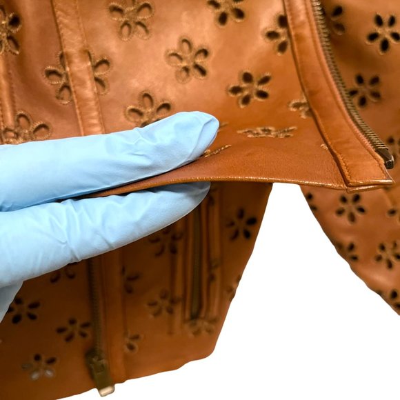 Burberry Lambskin Laser Cut Flower Perforated Motorcycle Biker Jacket Camel Sz4 - Picture 13 of 16